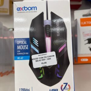 Mouse Óptico Gamer Exbom MS-62 com Fio USB 1200 DPI Iluminação RGB 7 Cores Ergonômico para PC e Notebook